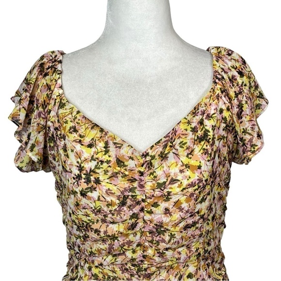 ASTR THE LABEL DRESS Floral Ruched Chiffon Mini YELLOW SIZE Medium - Picture 5 of 13